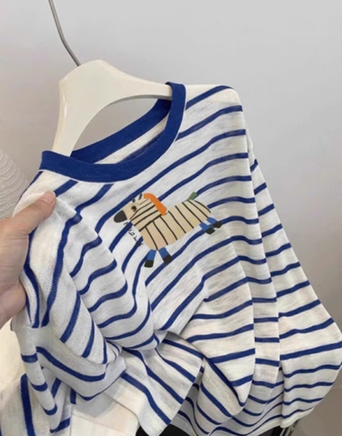 Set706- Set áo thun xước dài tay kẻ xanh phối quần short