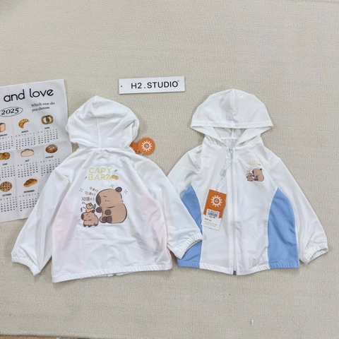 BT312- Áo thông hơi trắng phối có mũ trẻ em hoạ tiết in