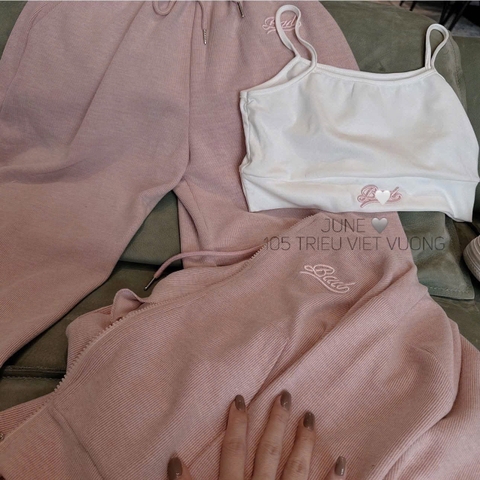 [KEM ÁO TRONG] Set817- Set 3 cho tiết tăm lông thêu màu hồng quần suông