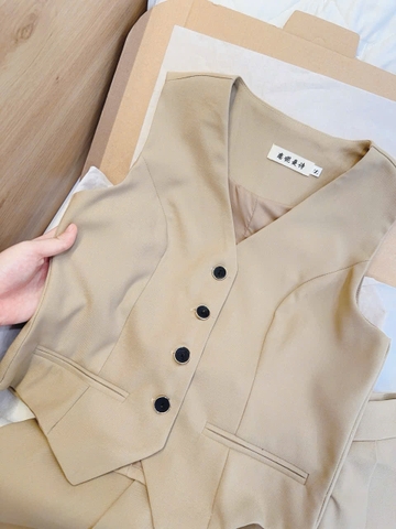 Set869-Set áo gile nâu sát nách phối quần váy vải chéo thái mềm mại