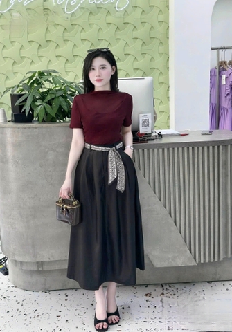 Set785- Set công sở áo thun đỏ cộc phối chân váy midi dài TẶNG KÈM áo dây