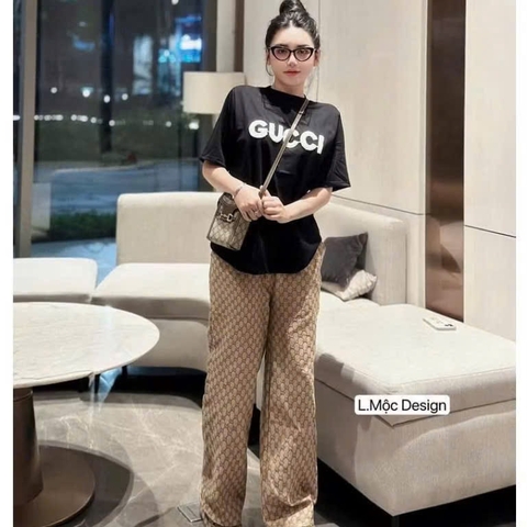 SET456- Set bộ GU XÌ áo cotton thêu đáp xù mix quần suông dệt.