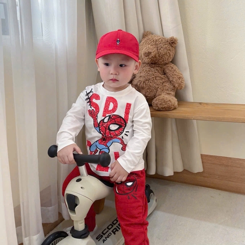 Cb372-Combo 2 bộ thun dài tay nhện đỏ trắng bé trai