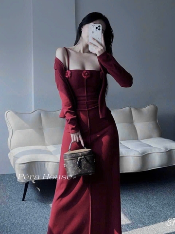 SET393- Set áo cadigan đỏ phối váy 2 dây đính hoa
