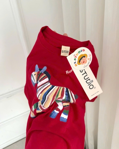 A557-Áo thun gia đình màu đỏ cộc tay Tết con ngựa