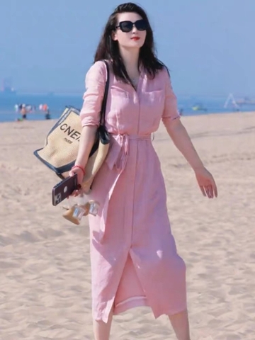 Dam191- Váy midi kẻ hồng kèm đai