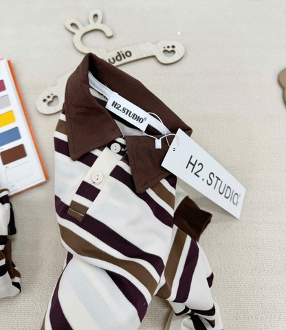 BT619- Bộ bé trai áo polo dài tay kẻ nâu phối quần kaki dài