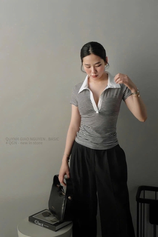 A289- Áo thun kẻ đen cổ đức phối trắng chất zio loại đẹp