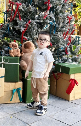 BN101-Bộ áo cotto mix quần kaki túi áo ngực 2 màu xanh,trắng bé trai