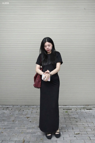 SET742-Bộ áo thun đen phối chân váy midi dài vải mì Hàn
