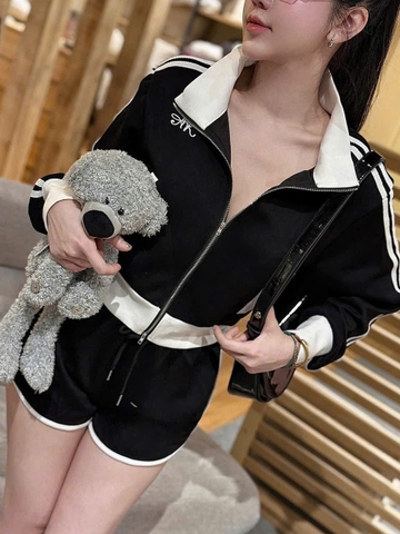 Set727- Set nỉ haida dài tay khoá đen viền trắng phối quần short
