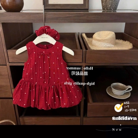 Damgai02- Đầm bé gái đỏ bi  bồng chân tặng kèm buộc tóc