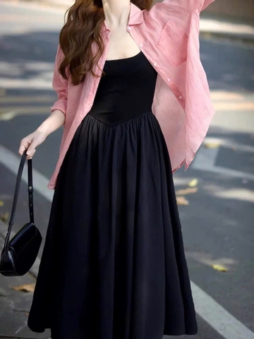 SeT973- Set váy maxi đen phối sơmi hồng