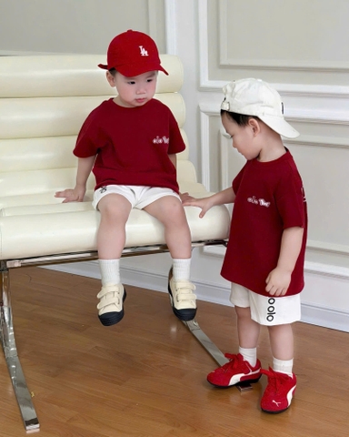 BT859-Bộ thun cộc đỏ trắng Alo cho bé 9-25kg