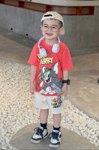 BT536- Bộ áo cotton mèo Tom hồng mix quần nỉ cua in pet