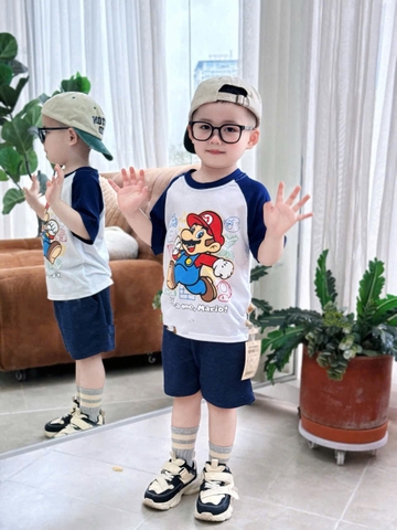BT525- Bộ ao cotton trắng phối Mario mix quần cua tăm bé trai