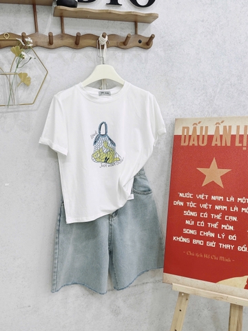 SET732- Set áo thun trắng in mèo phối quần jean lửng
