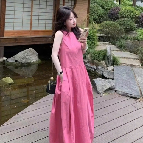 DAM168 -VÁY dài midi sát nách hồng