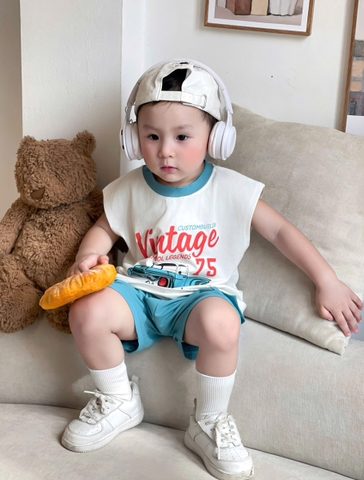 bT601- Bộ cotton Vintage 75 xanh lam chất cotton mát