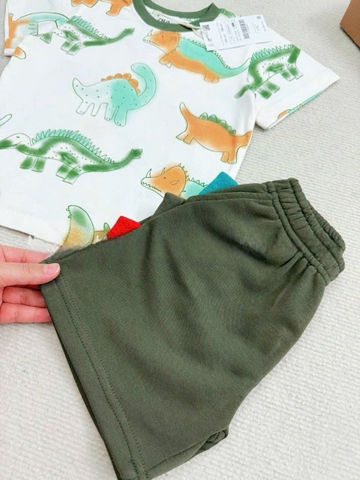 BT321- Bộ khủng long loanh trắng- mix quần cua xanh rêu vây