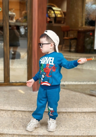 Bn171- (10-26kg)  Bộ nỉ dài tay thu đông bé trai Marvel xanh VNXK