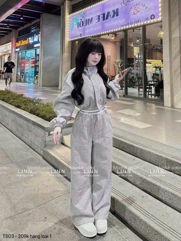 Set803- set nỉ bông màu ghi sáng cao cổ khoác trước