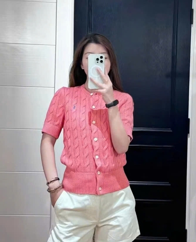 A488-Áo len cadigan cộc tay màu hồng Hot Hit mẫu mới 2026 hàng nhà máy đủ tem