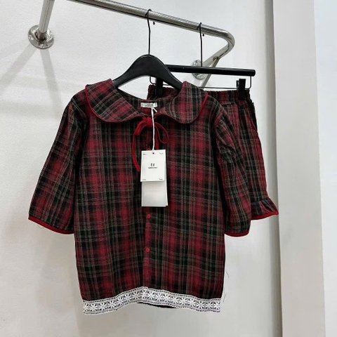 SET462- Set kẻ đen đỏ cổ sen cộc tay chất thô mềm