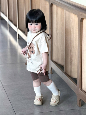 BT868-Bộ thun nâu cộc tay phối quần legging cộc cho bé gái 9-24kg