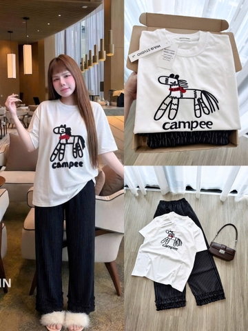 SET904-SEt áo thun cộc trắng phối quần suông kẻ dài đen trắng