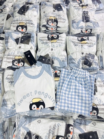 Set81- Set mặc nhà áo cotton chim cánh cụt phối quần suông kẻ