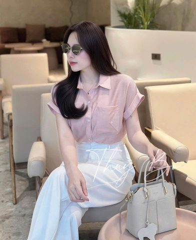 🍀A255-  SƠ MI GU TÚI BÊN TAY vạt đính cúc 2 màu