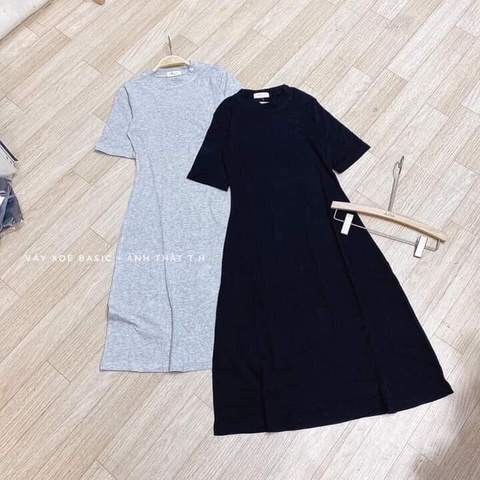 Đầm cotton dáng maxi cộc tay 2 màu đen,xám
