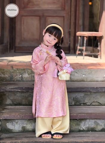 bt829- Bộ áo dài bé gái màu hồng quần vàng lụa vân chìm