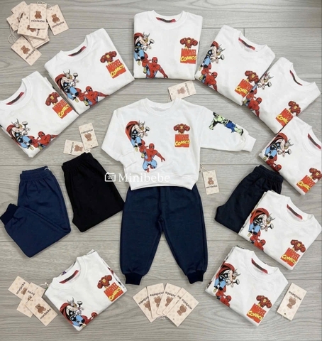 BT1066- Bộ nỉ cua  Marvel Comics trắng-than dài tay