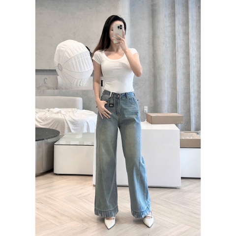 QUAN052-Quần jean suông ống rộng tỉa gấu màu nhạt