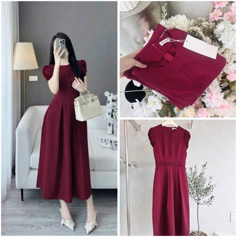 Dam179-Váy đỏ midi xếp ly dáng dài