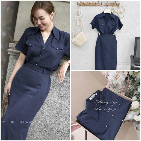 Set773- Set công sở áo sơ mi than cổ bẻ phối chân váy midi