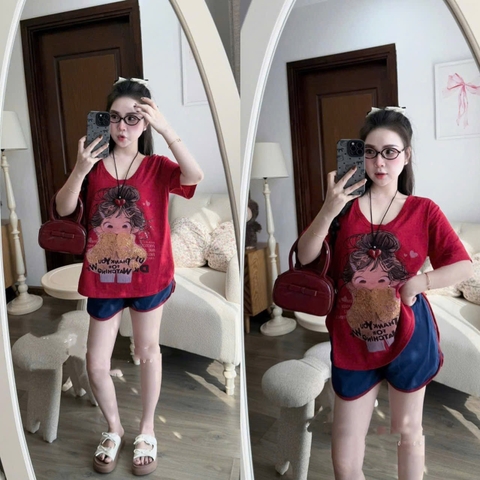 Set619- Set bộ áo cộc đỏ cô gái mix quần viền màu than chất cotton