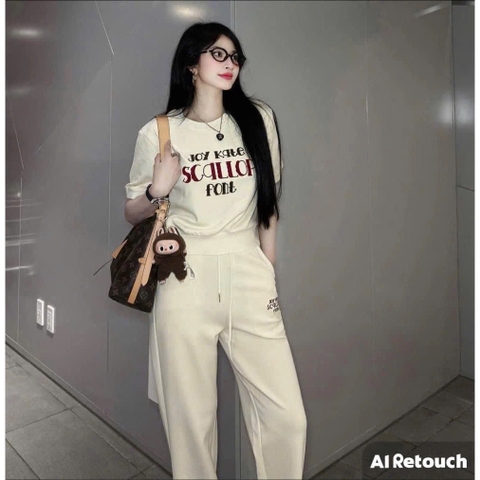 SET468- Set trắng đỏ JOY in thêu sắc nét áo bo chun mix quần suông