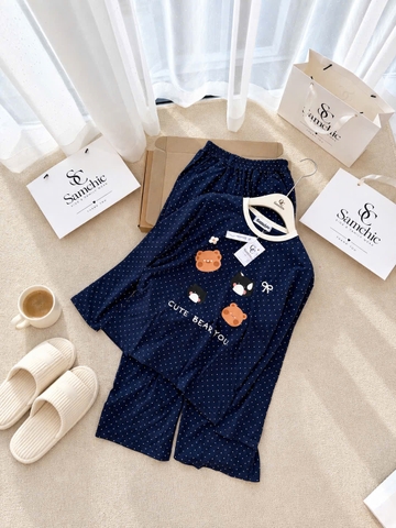 SET1072-SEt xanh thâan chấm bi IN GẤU viền trắng  chất zip lông