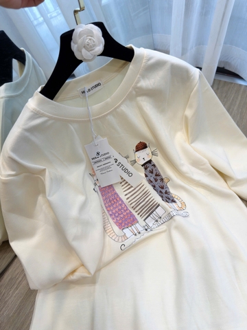 A583-Áo thun tay lỡ màu be hình mèo hàng nhà máy đủ tem