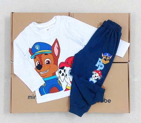 BN187-Bộ côtton thu đông dài tay bé trai CỨU HỘ TRẮNG XANH VNXK