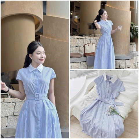 Dam161- VÁY KẺ XANH PHỐI CỔ TRẮNG ĐAI EO DÁNg DÀI 117cm 🌿