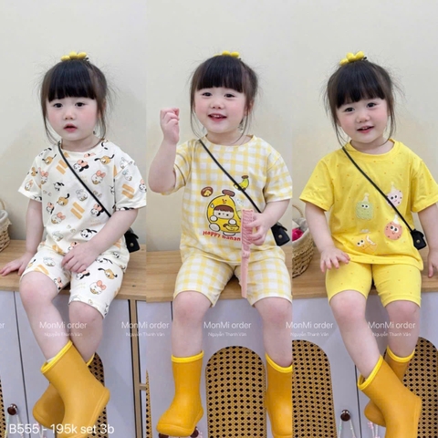 BT864-ComBo 3 bộ cộc tay cotton mát vàng trắng cho bé 9-27kg