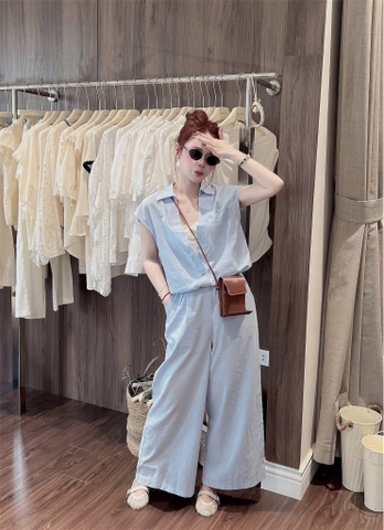 SET993-Set áo phối xanh kèm quần suông dài
