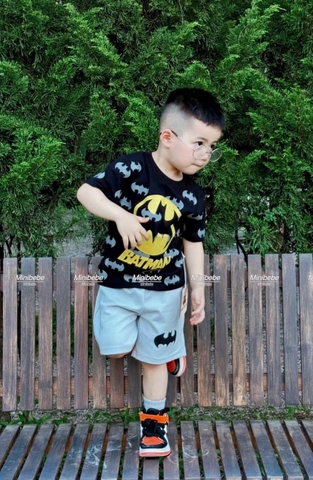 BT542 - Bộ áo cotton đen Badman mix quần nỉ mì màu ghi