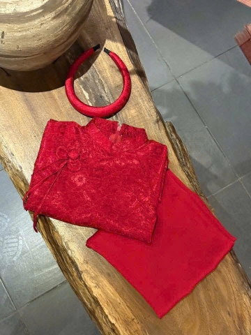 [KÈM XƯỢC TÓC] bt696- Bộ áo dài đỏ bé gái chất gấm lụa