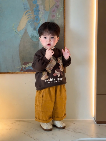 BT1025- Bộ nỉ NÂU-VÀNG dài tay in chú lùn