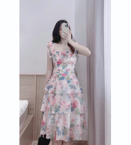 Đầm voan tầng cổ vuông 2 lớp